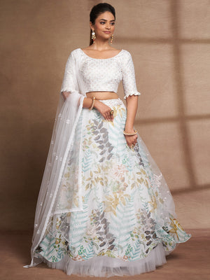White Net Printed Semi Stitched Lehenga Choli