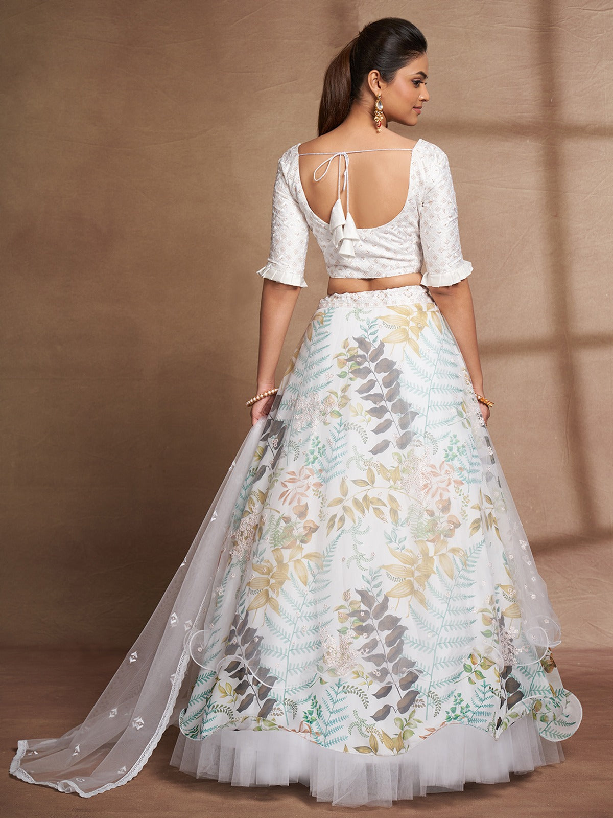 White Net Printed Semi Stitched Lehenga Choli