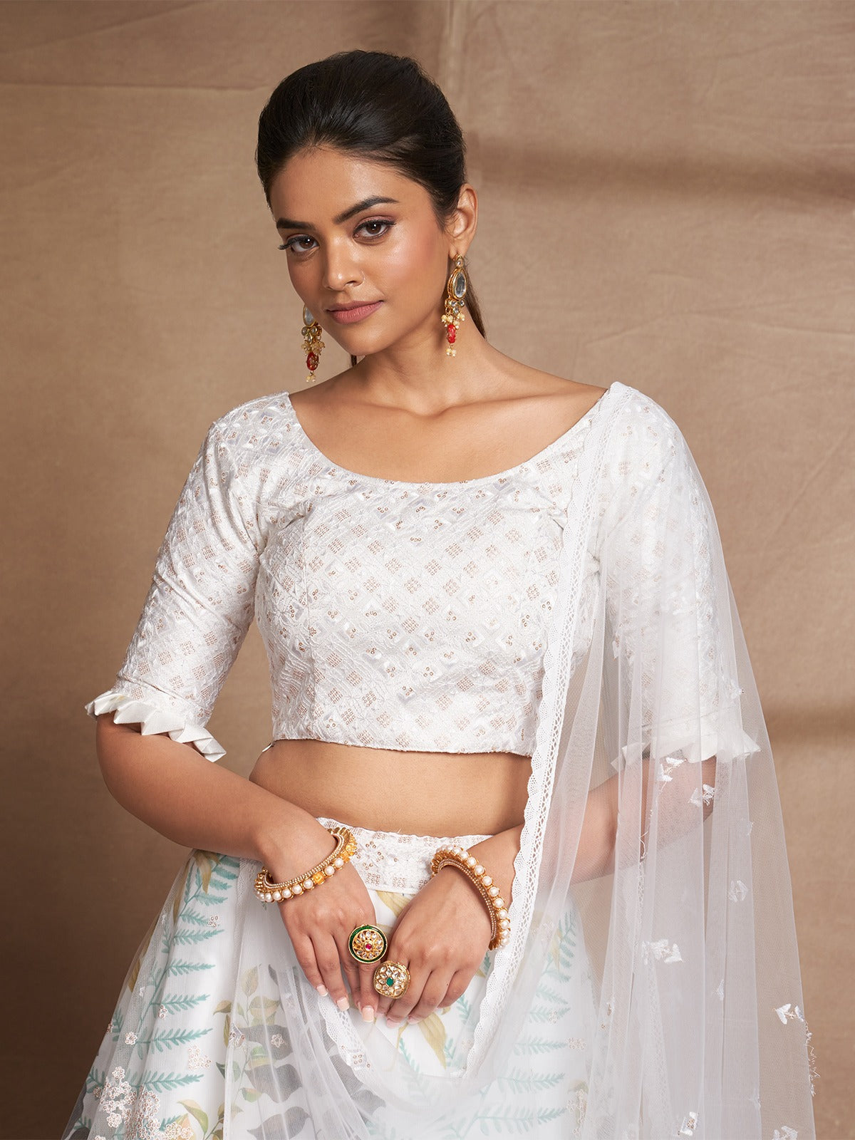 White Net Printed Semi Stitched Lehenga Choli