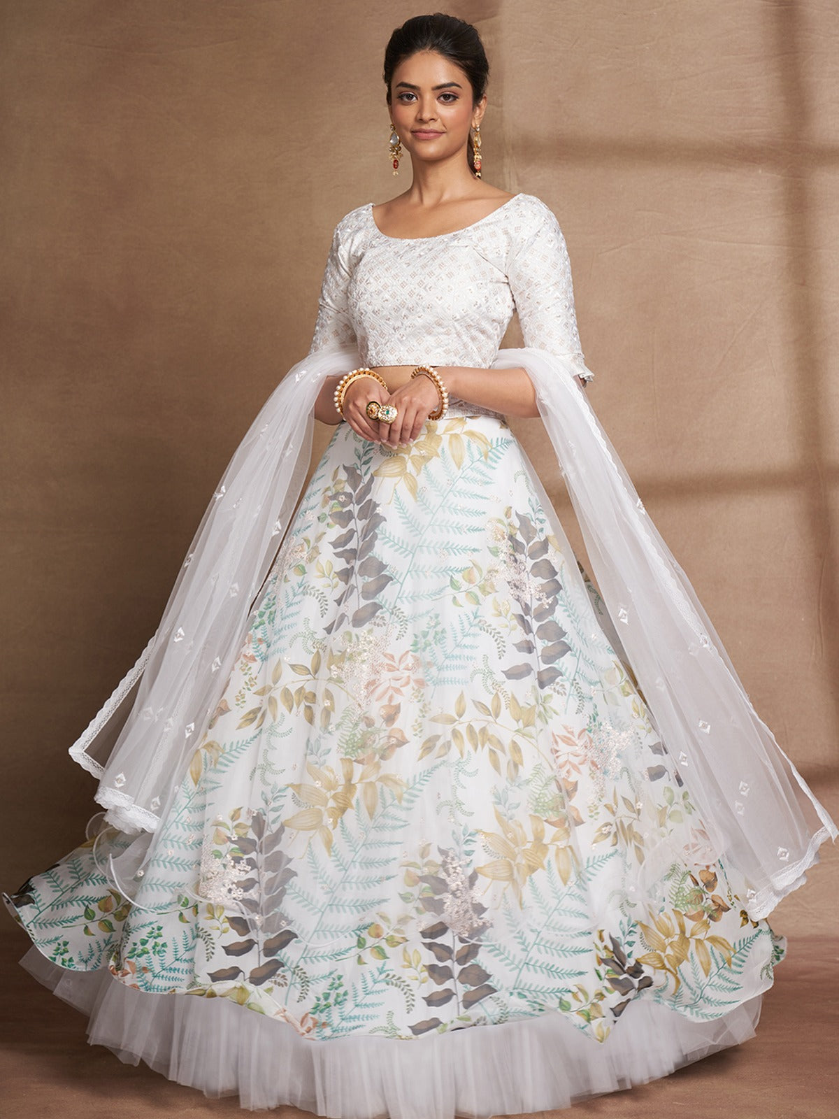 White Net Printed Semi Stitched Lehenga Choli