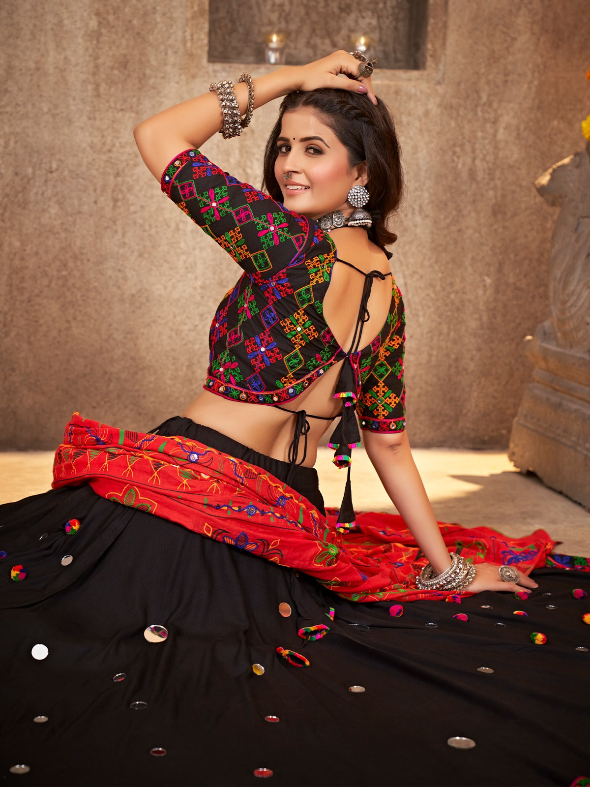 Black Viscose Rayon Embroidered Semi Stitched Lehenga Choli