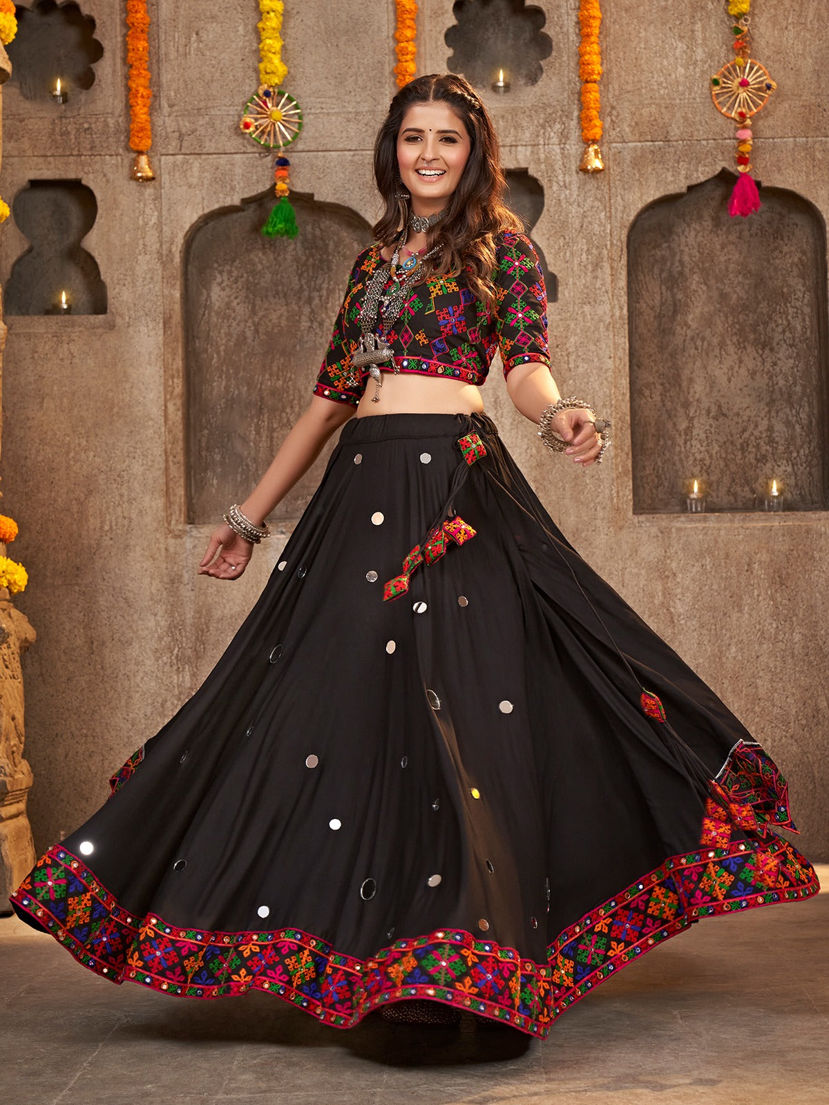 Black Viscose Rayon Embroidered Semi Stitched Lehenga Choli
