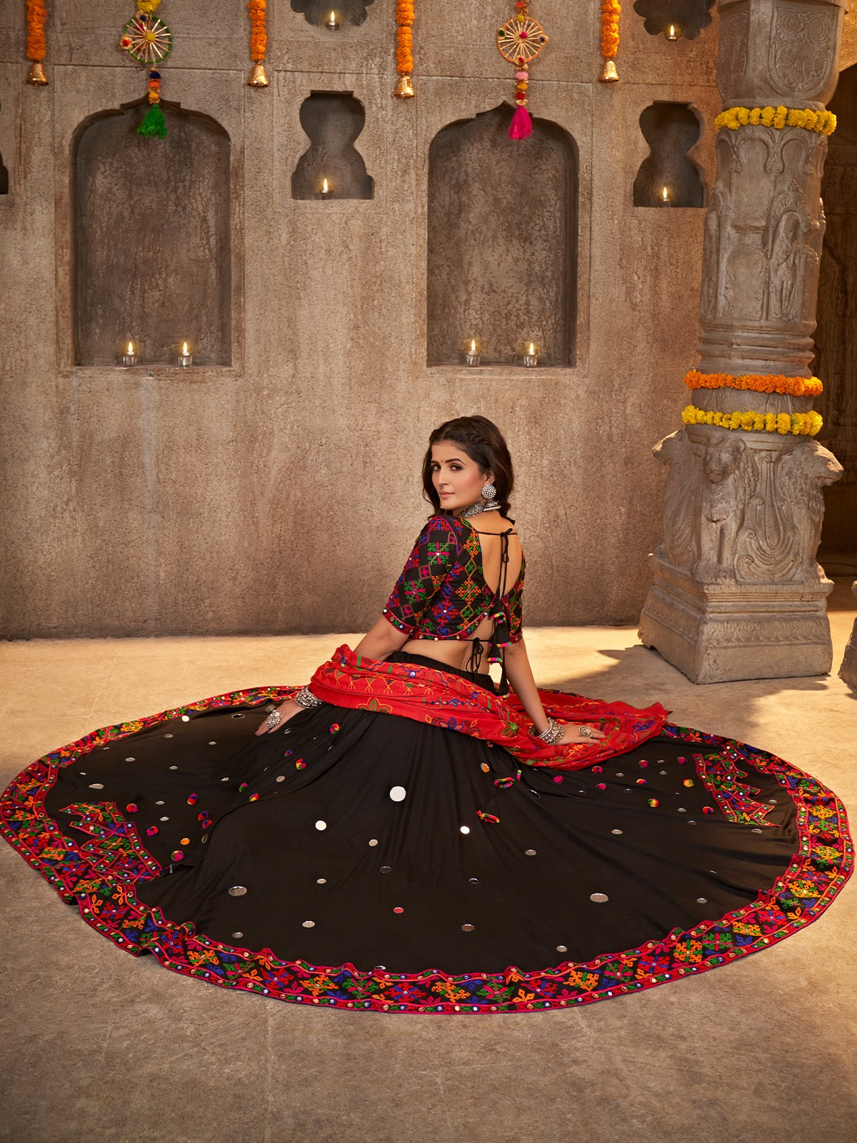 Black Viscose Rayon Embroidered Semi Stitched Lehenga Choli