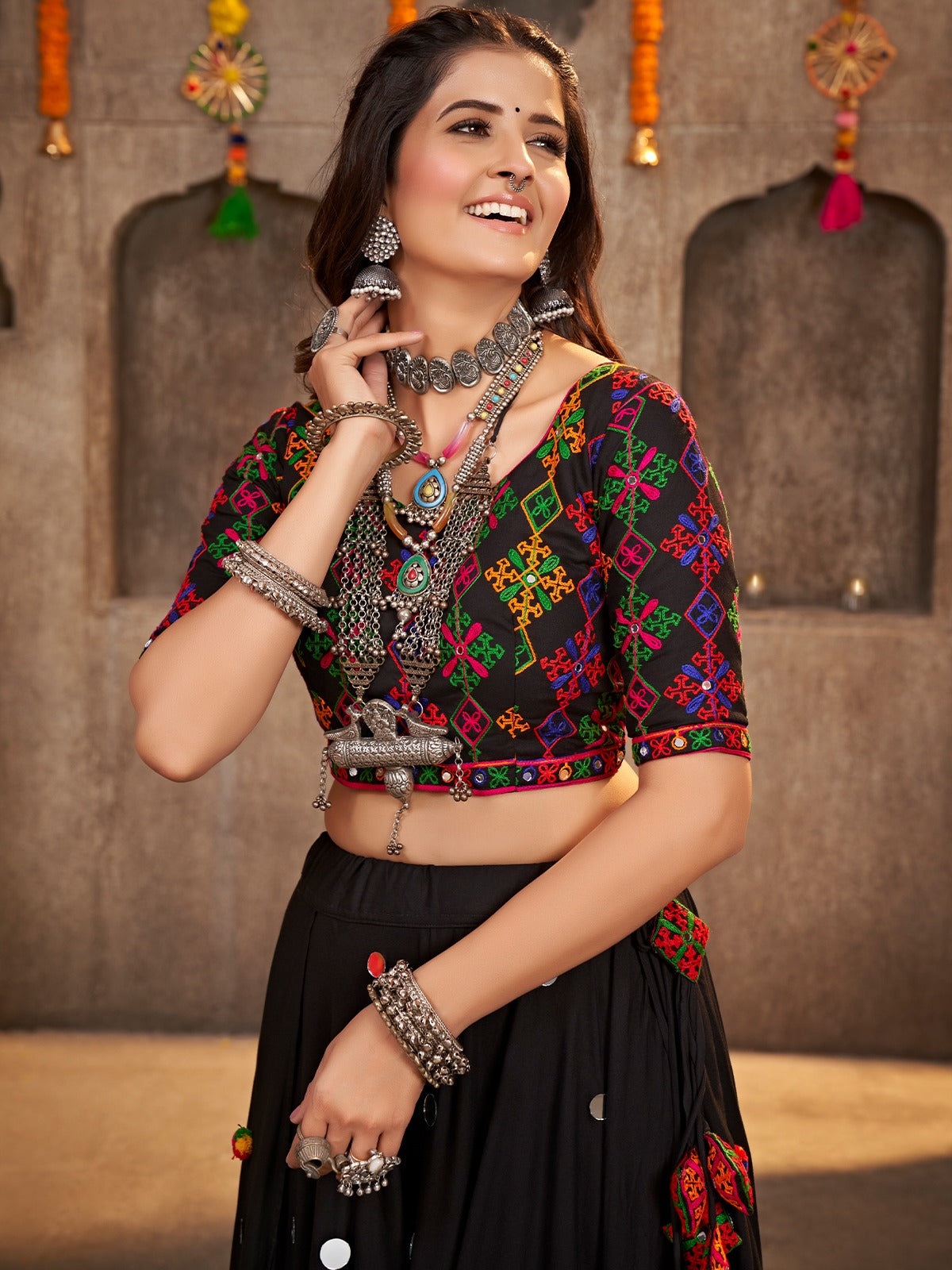 Black Viscose Rayon Embroidered Semi Stitched Lehenga Choli