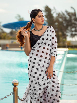 White Georgette Polka Dots Saree With Unstitched Blouse