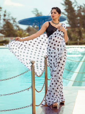 White Georgette Polka Dots Saree With Unstitched Blouse