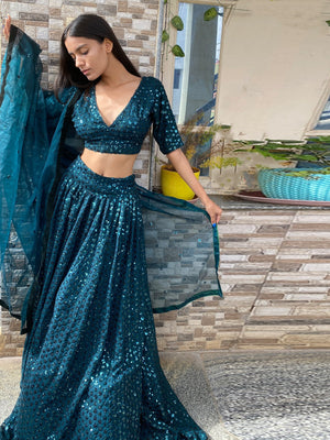 Rajwada Women Designer Green Georgette Semi Stitched Lehenga With Unstitched Blouse