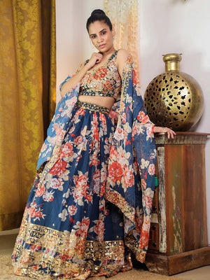 Rajwada Women Blue Lehenga Poly Georgette Blouse