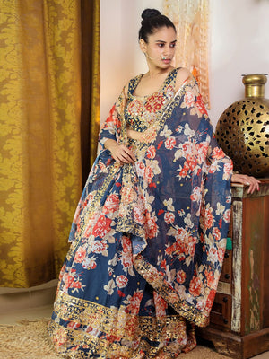 Rajwada Women Blue Lehenga Poly Georgette Blouse