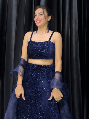 Rajwada Women Navy Blue Designer Sequence Semi Stitched Lehenga With Unstitched Blouse