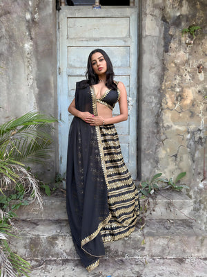 Rajwada Women Black Sequence Semi Stitched Lehenga With Unstitched Blouse