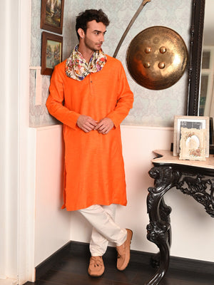 Rajwada Orange Solid Cotton Polyester Kurta Set For Men