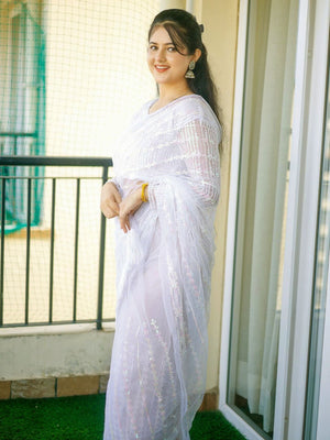Rajwada White Embellished Net Saree With Unstitched Blouse For Women