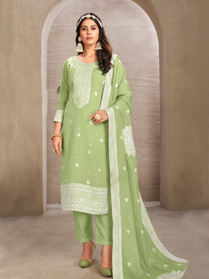Rajwada Green Organza Embroidered Semi-Stitched Kurta Set For Women