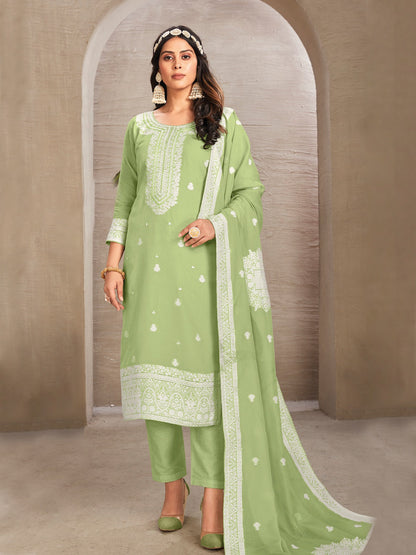 Rajwada Green Organza Embroidered Semi-Stitched Kurta Set For Women