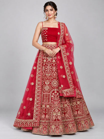 Red Silk Blend Embroidered Lehenga