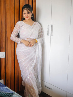Rajwada Women Designer White Net Sequins Saree With Unstitched Blouse