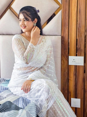 Rajwada Women Designer White Net Sequins Saree With Unstitched Blouse