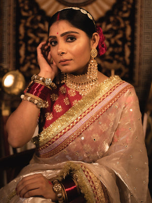 Rajwada Women Beige Organza Saree With Unstitched Blouse
