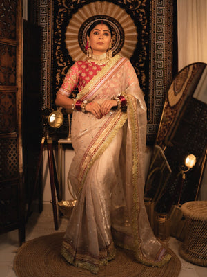 Rajwada Women Beige Organza Saree With Unstitched Blouse