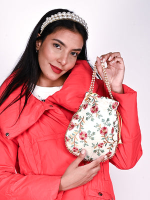 Rajwada Off White Embroidered Potli Bag with Tassels For Women