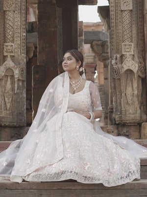 Rajwada White Soft Net Embroidered Semi Stitched Lehenga With Unstitched Blouse For Women