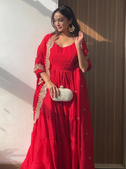 Rajwada Red Printed Georgette Stitched Gown For Women