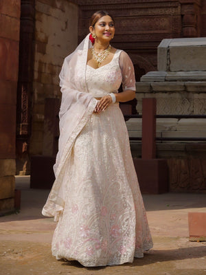 Rajwada White Soft Net Embroidered Semi Stitched Lehenga With Unstitched Blouse For Women
