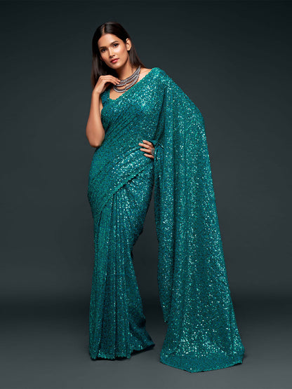 Rajwada Women Teal Georgette Designer Sequins Saree With Unstitched Blouse