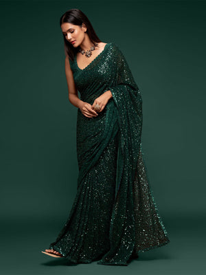 Rajwada Women Georgette Green Designer Sequins Saree With Unstitched Blouse