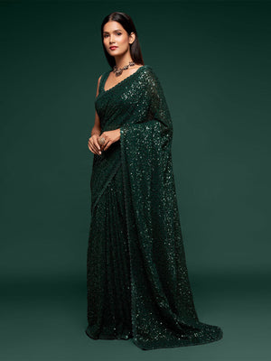 Rajwada Women Georgette Green Designer Sequins Saree With Unstitched Blouse