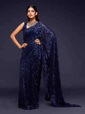 Rajwada Women Blue Georgette Designer Blue Sequins Saree With Unstitched Blouse