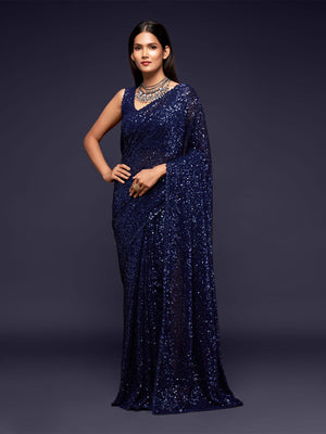 Rajwada Women Blue Georgette Designer Blue Sequins Saree With Unstitched Blouse