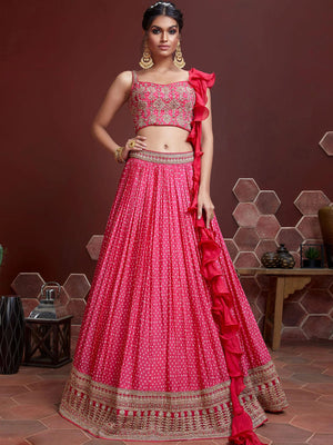 Rajwada Pink Chinon Silk Embroidered Semi Stitched Lehenga With Unstitched Blouse For Women
