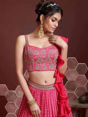 Rajwada Pink Chinon Silk Embroidered Semi Stitched Lehenga With Unstitched Blouse For Women