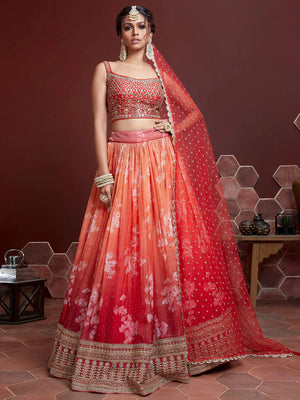 Rajwada Orange Organza Silk Embellished Semi Stitched Lehenga With Unstitched Blouse For Women