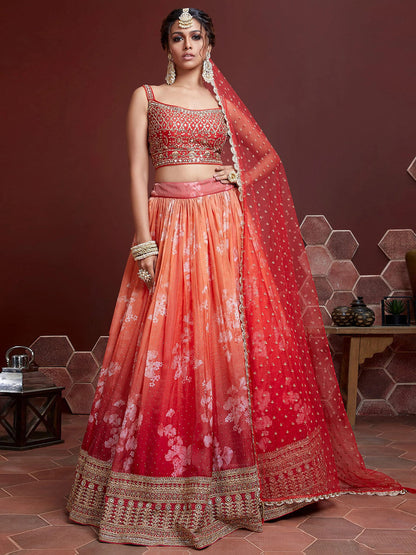 Rajwada Orange Organza Silk Embellished Semi Stitched Lehenga With Unstitched Blouse For Women