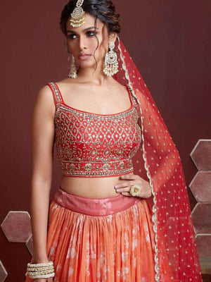 Rajwada Orange Organza Silk Embellished Semi Stitched Lehenga With Unstitched Blouse For Women