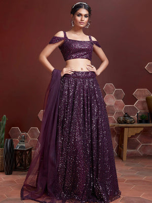 Rajwada Purple Soft Net Embellished Semi Stitched Lehenga With Unstitched Blouse For Women