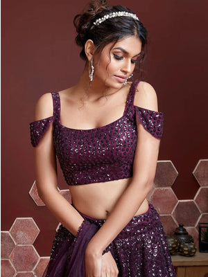 Rajwada Purple Soft Net Embellished Semi Stitched Lehenga With Unstitched Blouse For Women