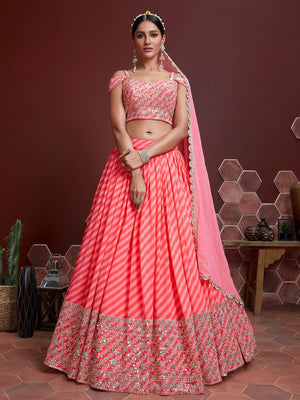 Rajwada Peach And Pink Organza Silk Embellished Semi Stitched Lehenga With Unstitched Blouse For Women