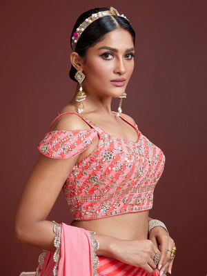 Rajwada Peach And Pink Organza Silk Embellished Semi Stitched Lehenga With Unstitched Blouse For Women