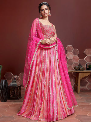 Rajwada Pink Chinon Silk Embellished Semi Stitched Lehenga With Unstitched Blouse For Women