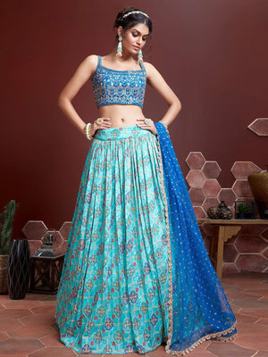 Rajwada Light Blue Chinon Silk Embellished Semi Stitched Lehenga With Unstitched Blouse For Women