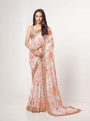 Rajwada White Printed Organza Saree With Unstitched Blouse For Women