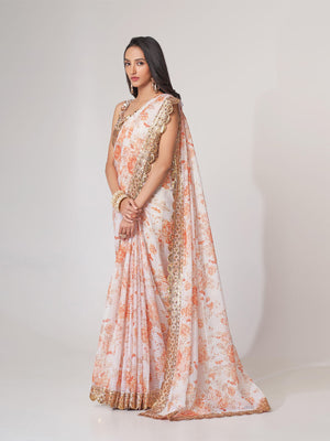 Rajwada White Printed Organza Saree With Unstitched Blouse For Women