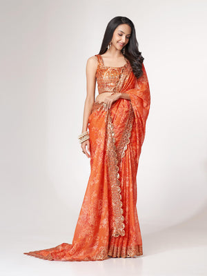 Rajwada Orange Printed Organza Saree With Unstitched Blouse For Women