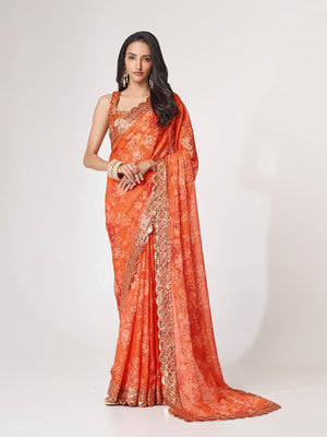Rajwada Orange Printed Organza Saree With Unstitched Blouse For Women