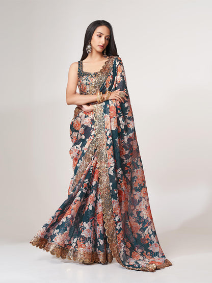 Rajwada Dark Blue Printed Organza Saree With Unstitched Blouse For Women