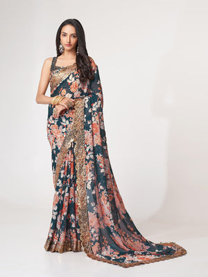 Rajwada Dark Blue Printed Organza Saree With Unstitched Blouse For Women